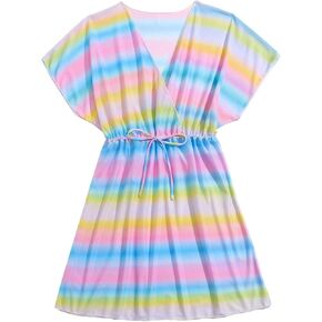MakeMeChic Girl's Striped Colorblock Bathing Suit Cover Up V Neck Drawstring Waist Summer Beach Dress Cover Up