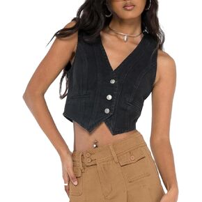 Women Vintage Y2K Denim Vest Sleeveless V Neck Button Crop Jean Waistcoat Vest Retro Streetwear Going Out Tank Top