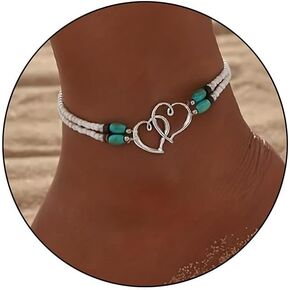 Elastic Beaded Ankle Bracelet for Women Double Hollow Hearts Stretch Anklet Double Layered Beaded Anklet Dainty Boho Beach Anklets Cute Heart Foot Jewelry for Beach Summer Wedding Dance Yoga Graduations Bridesmaids
