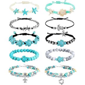 FASACCO 10 PCS Turtle Ankle Bracelets for Women Waterproof Handmade Starfish Sea Turtle Bracelet Adjustable Boho Summer Beach Bracelets for Women