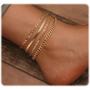 ASCOMY Ankle Bracelets for Women 14K Gold/Silver Plated Ankle Bracelet Dainty Layered Cute Beads Figaro Cuban Rope Herringbone Chain Anklets for Teen Girls Minimalist Summer Beach Foot Jewelry Gifts