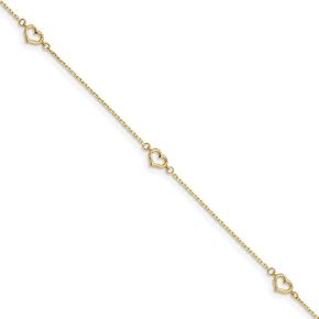 Solid 14k Yellow Gold Heart 1in Extension Anklet 10" (Width = 4mm)