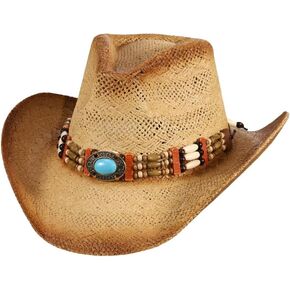 Women's Large XL Straw Cowboy Hat with Turquoise and Wooden Bead Trim
