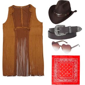 ملابس راعية البقر الغربية للنساء، 5 قطع من السترة ذات الشراشيب وحزام ونظارات شمسية باندانا للزي الغربي in Kuwait