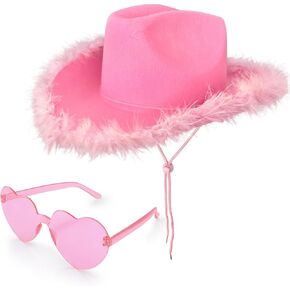 Pink Cowboy Hat with Heart Shaped Sunglasses,Pink Cowgirl Hat with Feather Boa,Pink Felt Cowgirl Hat for Party Costume Dress Up,Cowboy Themed Party,Bachelorette Party