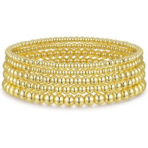 Gold Bracelets for Women Gold Bracelet Stack Gold Beaded Bracelets for Women 14K Gold Plated Stretch Bead Ball Bracelet Sets Jewelry for Christmas Birthday Gifts