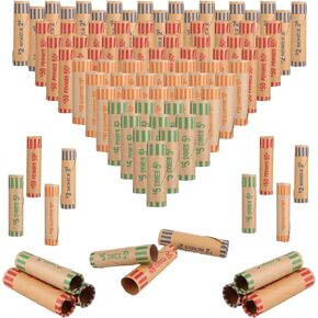 512 Assorted Preformed Coin Wrappers Rolls 128 Quarters 128 Pennies 128 Nickels 128 Dimes Change Rolls Wrappers Durable Preformed Paper Coins Tubes (Total 512 PCS)