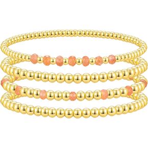 Gold Beaded Bracelets for Woman Stackable Crystal Stone Bead Bracelet 14K Gold Plated Stretch Bead Ball Bracelet Set for Woman Trendy Jewelry Gifts