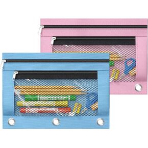 2 Pack Pencil Pouch for 3 Ring Binder,Binder Pencil Pouch with Zipper,Double Pocket Pencil Case with Clear Window,Big Capacity Pencil Bags for Office School Supplies (Pink&Light Blue)