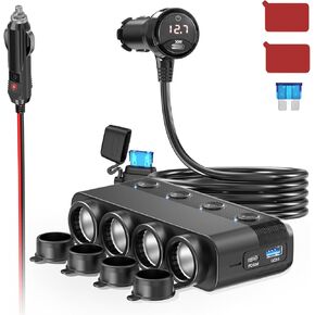 Qidoe Cigarette Lighter Splitter,300W 4-Socket Car Charger Adapter with Dual PD30W Type C & QC18W USB，12V/24V Car Splitter Adapter with Independent Switches & LED Voltage Display for All Car Devices