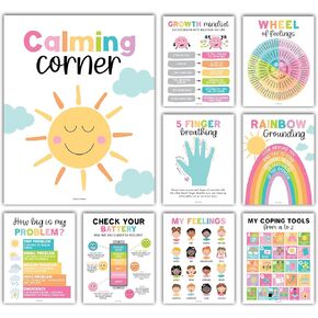 9 Colorful Calming Corner Posters For Classroom Must Haves For Teachers - Calm Down Corner Supplies Elementary, Feelings Chart For Kids Ages 4-8, Emotions Chart For Kids, Calming Corner Items Kids