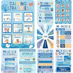10 Pcs Calming Corner Classroom Poster Ocean Mental Health Poster Calm Down Corner Feeling Chart Under the Sea Emotion Coping Skills Educational Therapy for Classroom Wall Decoration