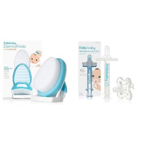 Frida Baby The 3-Step Cradle Cap System, DermaFrida The FlakeFixer, Sponge, Brush, Comb and Storage Stand + Frida Baby Medicine Pacifier, Medicine Syringe & Accu-Dose Pacifier