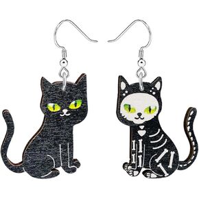 Kawaii Halloween Black Cat Earring for Women Girls Lightweight Wooden Black Cats Dangle Earrings Skeleton Cat Drop Earrings Handmade Halloween Spooky Black Cat Dangle Earrings
