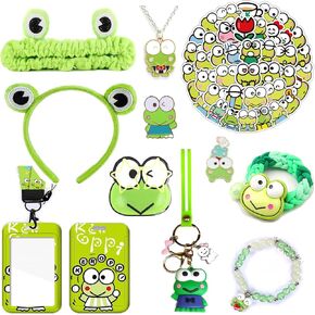 Kawaii Keroppi Gift Set Cute Keroppi Accessories Frog Gift Set Including Badge Holder with Lanyard Hairpin Headbands Button Pins Necklaces Bracelets Phone Ring Holder Keychain Stickers…
