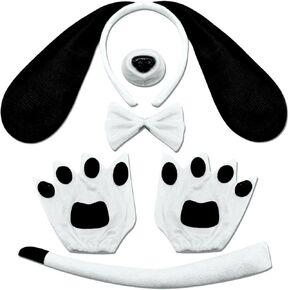 Dog Long Ears Headband - 5PCS Dog Ears Headband Bowtie Nose Tail Puppy Paw Gloves for Adult Women Halloween Costume Floppy Animal Cosplay Party Accessories Set (Black and White)