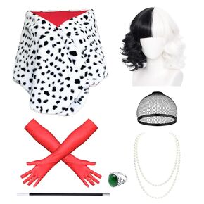 7 Pcs Women Halloween Costume Props,Include Dalmatian Shawl Scarf,Black and White Wig,Red Gloves,Pearl Necklace,Plastic Holder, Emerald ring props for Adult Cosplay