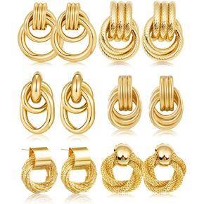 9 Pairs Gold Dangle Hoop Earrings Round Hammered Earrings for Women,Statement RetroGeometric Drop Earrings Multiple Styles Jewelry