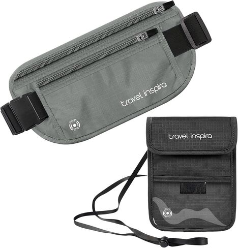 travel inspira RFID Blocking Travel Money Belt with Anti-Thief Zip - Slim Passport Holder and Premium Travel Neck Wallet with RFID Blocking - Water-Resistant Ripstop Nylon in Kuwait