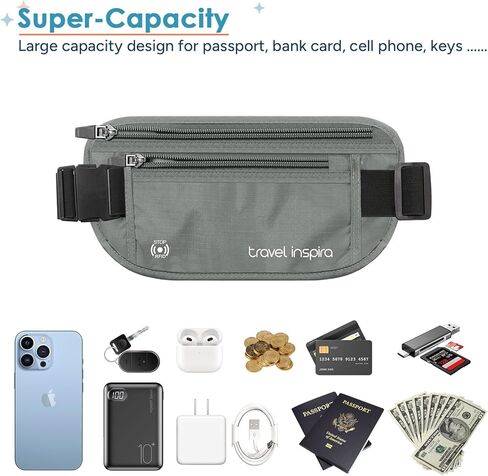 travel inspira RFID Blocking Travel Money Belt with Anti-Thief Zip - Slim Passport Holder and Premium Travel Neck Wallet with RFID Blocking - Water-Resistant Ripstop Nylon in Kuwait