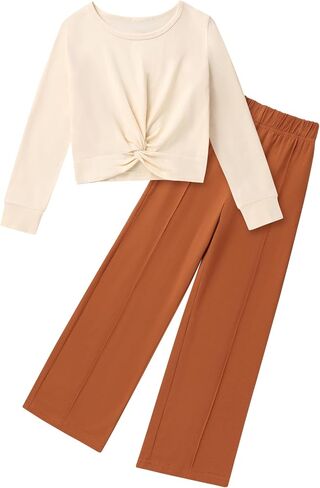 Girls Fall Outfits Fashion Solid Long Sleeve Twist Crop Tops and Wide Leg Pants Girls Clothing Set in Kuwait