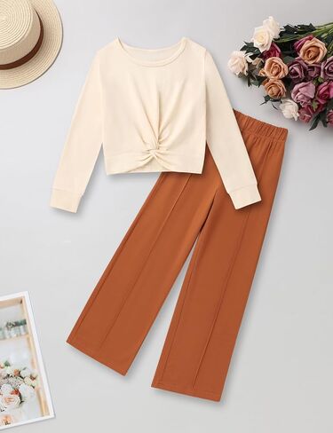 Girls Fall Outfits Fashion Solid Long Sleeve Twist Crop Tops and Wide Leg Pants Girls Clothing Set in Kuwait