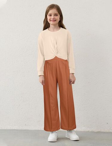 Girls Fall Outfits Fashion Solid Long Sleeve Twist Crop Tops and Wide Leg Pants Girls Clothing Set in Kuwait
