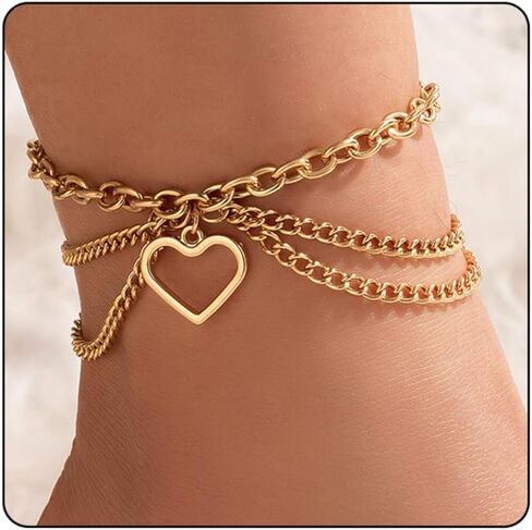 Ankle Bracelets for Women ,14k Gold Plated Waterproof Layered Cuban Figaro Link Chain Anklets Set,Glittering Rhinestone Heart Butterfly Starfish Shells Cherries Snakes Pendant Anklets for Girls in Saudi Arabia
