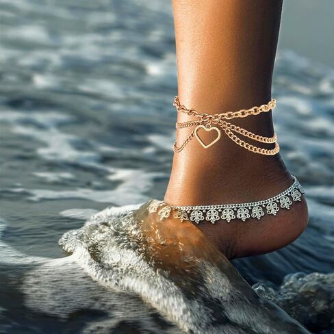 Ankle Bracelets for Women ,14k Gold Plated Waterproof Layered Cuban Figaro Link Chain Anklets Set,Glittering Rhinestone Heart Butterfly Starfish Shells Cherries Snakes Pendant Anklets for Girls in Saudi Arabia