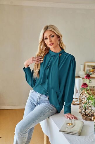 GRACE KARIN Women's Top Mock Neck Tie Ruffle Solid Blouse Long Sleeve Shirts Casual Loose Work Office Top in Saudi Arabia