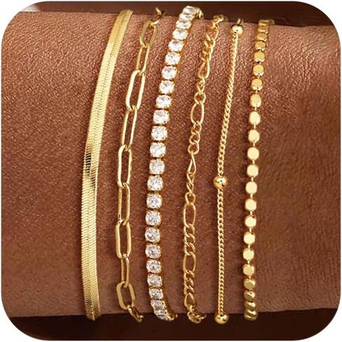 DEARMAY Waterproof Gold Bracelets Set for Women Trendy, Dainty 14K Real Gold Plated Jewelry Fashion Stackable Tennis Beaded Figaro Herringbone Paperclip Link Bracelet Pack Stack Gifts for Women in Kuwait