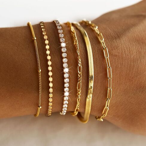 DEARMAY Waterproof Gold Bracelets Set for Women Trendy, Dainty 14K Real Gold Plated Jewelry Fashion Stackable Tennis Beaded Figaro Herringbone Paperclip Link Bracelet Pack Stack Gifts for Women in Kuwait