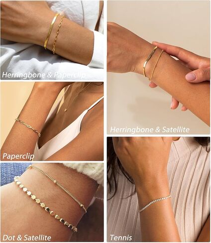 DEARMAY Waterproof Gold Bracelets Set for Women Trendy, Dainty 14K Real Gold Plated Jewelry Fashion Stackable Tennis Beaded Figaro Herringbone Paperclip Link Bracelet Pack Stack Gifts for Women in Kuwait