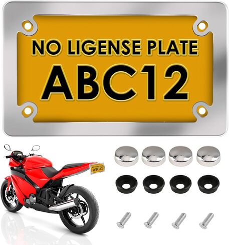 إطار لوحة ترخيص الدراجة النارية مقاس 7.5 * 4.5 بوصة، إطار علامة دراجة نارية مصقول ومطلي بمرآة من الفولاذ المقاوم للصدأ لامع للدراجات النارية، يأتي مع براغي وغسالات وأغطية لولبية (عبوة واحدة) in Kuwait