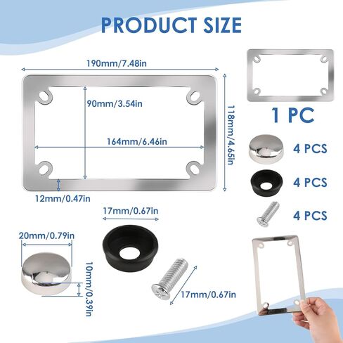 إطار لوحة ترخيص الدراجة النارية مقاس 7.5 * 4.5 بوصة، إطار علامة دراجة نارية مصقول ومطلي بمرآة من الفولاذ المقاوم للصدأ لامع للدراجات النارية، يأتي مع براغي وغسالات وأغطية لولبية (عبوة واحدة) in Kuwait
