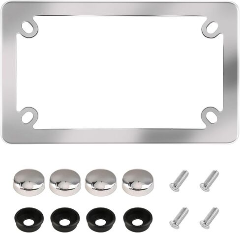 إطار لوحة ترخيص الدراجة النارية مقاس 7.5 * 4.5 بوصة، إطار علامة دراجة نارية مصقول ومطلي بمرآة من الفولاذ المقاوم للصدأ لامع للدراجات النارية، يأتي مع براغي وغسالات وأغطية لولبية (عبوة واحدة) in Kuwait