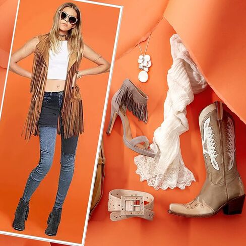 Fringe Vest，Cowgirl Vest Tassel Sleeveless Hippie Vest 60s outfits for Women Western in Saudi Arabia