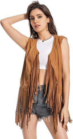 Fringe Vest，Cowgirl Vest Tassel Sleeveless Hippie Vest 60s outfits for Women Western in Saudi Arabia