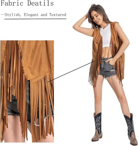 Fringe Vest，Cowgirl Vest Tassel Sleeveless Hippie Vest 60s outfits for Women Western in Saudi Arabia