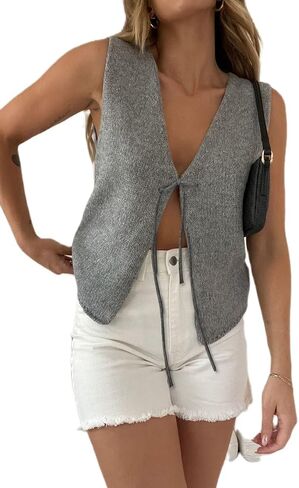 KMBANGI Women Y2K Crochet Vest Top Tie Front Knit Sleeveless Tank Top V Neck Button Down Crop Top Streetwear in Saudi Arabia