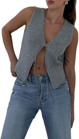 KMBANGI Women Y2K Crochet Vest Top Tie Front Knit Sleeveless Tank Top V Neck Button Down Crop Top Streetwear in Saudi Arabia
