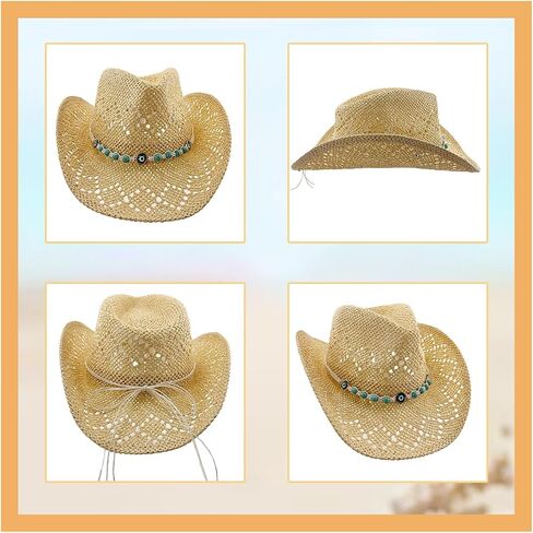 Straw Cowboy Hats, Cowgirl Sun Hats,Western Cowboy Hats for Men & Women's,Beach Hat, Woven Shapeable,Two Decorative Bands in Saudi Arabia