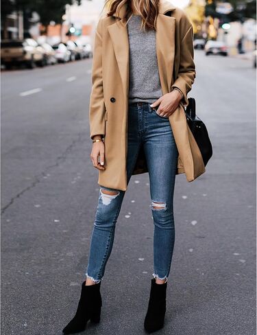 Hooever Women's Notched Lapel Wool Coat Single Breasted Pea Coats Winter Wool Blend Blazer Jacket in Kuwait