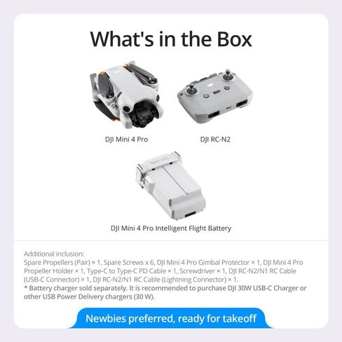 DJI Mini 4 Pro (DJI RC-N2)، طائرة بدون طيار صغيرة قابلة للطي مع كاميرا فيديو 4K HDR للبالغين، أقل من 0.549 رطل/249 جرام، وقت طيران 34 دقيقة، أقصى مسافة نقل فيديو 20 كم، مستشعر رؤية متعدد الاتجاهات in Kuwait