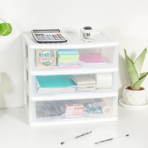 BYCY Plastic Stackable Storage 3 Drawers, White Bathroom Makeup Organizer with Wide Clear Drawers Tabletop Drawer Organizer for Desk,Easily Assemble for Fridge,Bathroom,Cabinet in Kuwait