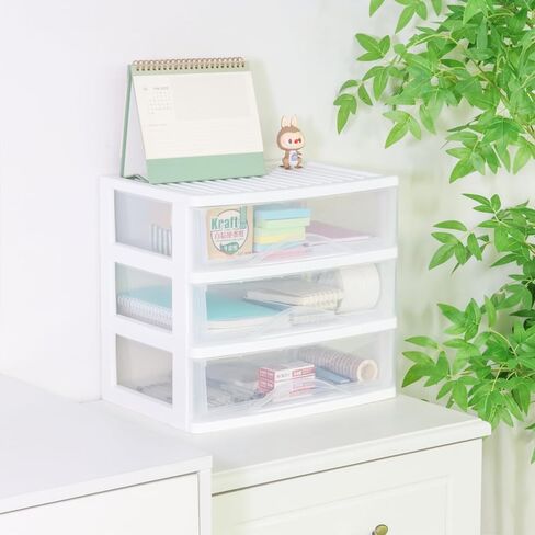BYCY Plastic Stackable Storage 3 Drawers, White Bathroom Makeup Organizer with Wide Clear Drawers Tabletop Drawer Organizer for Desk,Easily Assemble for Fridge,Bathroom,Cabinet in Kuwait