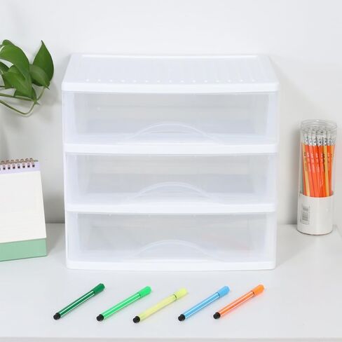 BYCY Plastic Stackable Storage 3 Drawers, White Bathroom Makeup Organizer with Wide Clear Drawers Tabletop Drawer Organizer for Desk,Easily Assemble for Fridge,Bathroom,Cabinet in Kuwait