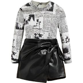WDIRARA Girl's 2 Piece Outfit Newspaper Print Stand Collar Neck Tee & Knot Side Pu Leather Skort