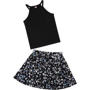Girls Summer 2 Piece Outfits Sleeveless Halter Neck Tank Top and Belted Pleated Skirt Set 3-12Y