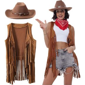Western Cowgirl Outfits for Women, 70s Hippie Costume Cowgirl Tassels Fringe Vest, Cowboy Hat for Women, Bandana